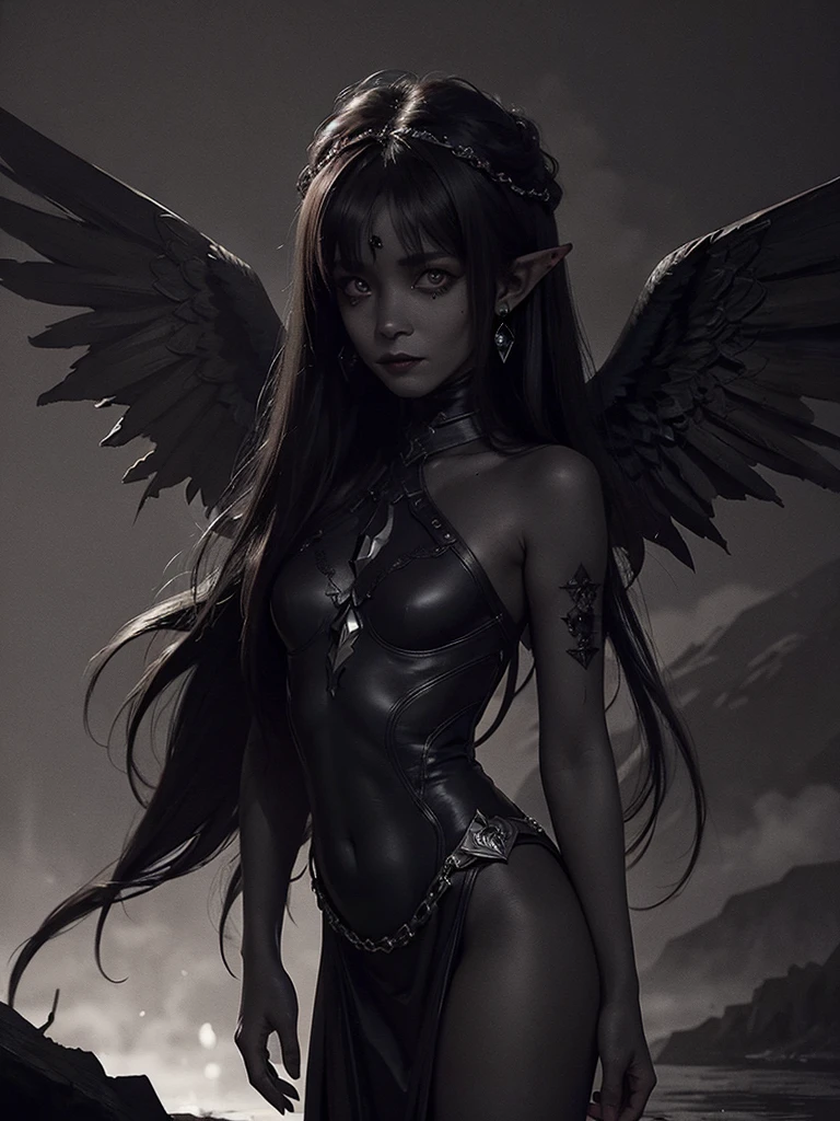 (watercolor:1.2),(incredible detail, textures and maximum detail),(Dark color concept:2.0), Chica Dolly, A girl as a doll with angel wings, archangel, angel ring, elf ear with many earrings, looking ahead, nearly naked, Skinny body, Skinny, small breasts, tiny , Princess&#39; crown, dragon horn, looking to the camera, (without hands),(Highest quality genuine textured leather.),(Ground holding),(capture the light:1.5),(abyssal),(GOOD, redondo, symmetrical eyes),Delicate facial features,(burning eyes, bright and cold.), very slim and Skinny body, naked, naked, (She has a sad smile on her face),(His face is gentle and beautiful.),Crystal earrings on ears.,,(by rubio),(silver white hair),(dramatic photo:1.4),(dramatic pose),(extravagant photo), upturned eyes, look up, a messy painting，(Hair flows in the air:2.0),(Vortices and tidal currents in the background),(dramatic light),(magnificent scene),(Surrounded by beautiful feathers),epic realism,Cinematic feeling,(High-density image review:1.5),ultra detailed,dramatic light,(intricate details:1.1), complex background, bright background, fractal background,(powerful fangs:1.5),naked,naked,