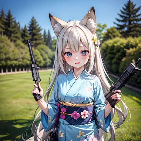 (Fox Girl, Fox Ears, Silver Hair, Fox Makeup, One Girl, Long Hair:1.6), (kimono, Kimono with open chest, A beautiful kimono with...