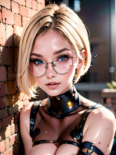 dynamic close-up of the upper part of 1 Woman with freckles, extremely albino, extremely thin and beautiful, perfect body, well-shaped face, skin with highly detailed depth, she is Against a brick wall, (haircut, wavy hair and blonde), (detailed eyes, large, bright, light brown eyes, curved eyelashes, large glasses), (making a sensual pout with her mouth), wearing a short sweater showing shoulders, ultra realistic image, vibrating and spiky, dynamic vision, high quality 32k , hyper-realistic, cinematic.