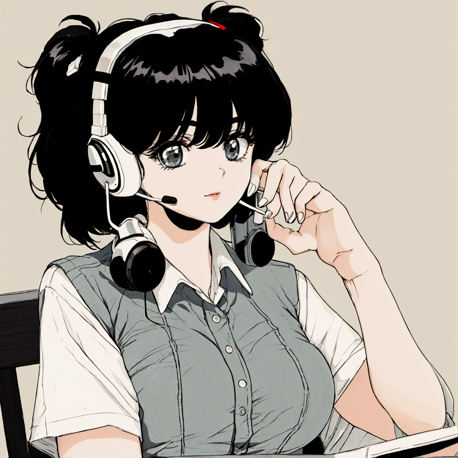 an anime girl, 80s style with an angry telemarketing headset