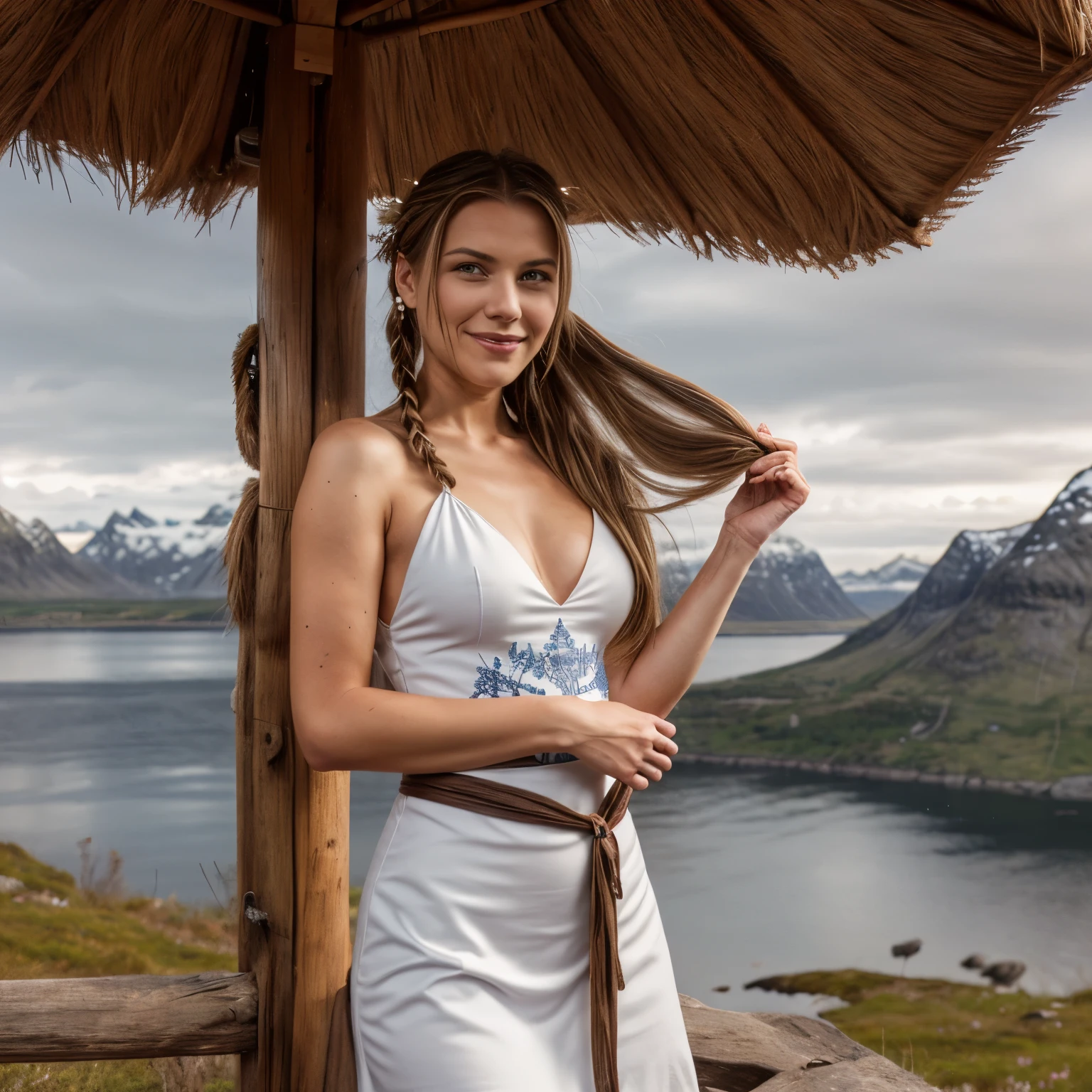 Mayo - Islas Lofoten, Noruega
Una mujer llamada LaGermania con una sonrisa feliz posa para una sesión de fotos elegante para un calendario en una isla remota en las Islas Lofoten, Noruega en mayo. Ella se alza en medio de acantilados escarpados y fiordos prístinos, con picos cubiertos de nieve y playas árticas que se extienden hasta el horizonte. LaGermania lleva un vestido sami tradicional en tonos blanco ártico y azul medianoche, su cuero de reno y bordado de plata reflejan el patrimonio cultural del pueblo sami indígena de Noruega. La silueta drapeada y los intrincados diseños del vestido sami crean una silueta que combina la resistencia ártica con la elegancia atemporal contra el telón de fondo de la naturaleza salvaje nórdica. Su pelo, adornada con trenzas adornadas con alfileres de asta de reno, agrega un toque de misticismo nórdico a su conjunto. La pose de LaGermania es contemplativa pero aventurera, una mano sosteniendo ligeramente un ramo de flores silvestres mientras la otra ajusta un cuchillo sami tradicional, su pulida hoja brilla bajo la luz del sol ártico. La escena captura la belleza austera de los paisajes remotos de las Islas Lofoten y la riqueza cultural de las tradiciones indígenas de Escandinavia, donde cada detalle, desde el vestido sami hasta la serena expresión de LaGermania, invita a los espectadores a abrazar el espíritu de la exploración y preservación ártica.