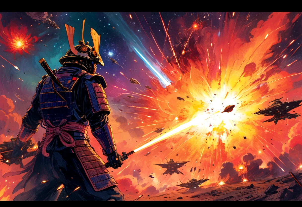 cosmic astronaut samurai, epic space battle, gritty, 1980s heavy metal style, space ships, blasts, explosions, sense of movement and energy, intense, too real, high tension, maximal, nuanced, expressive, rough-sketch