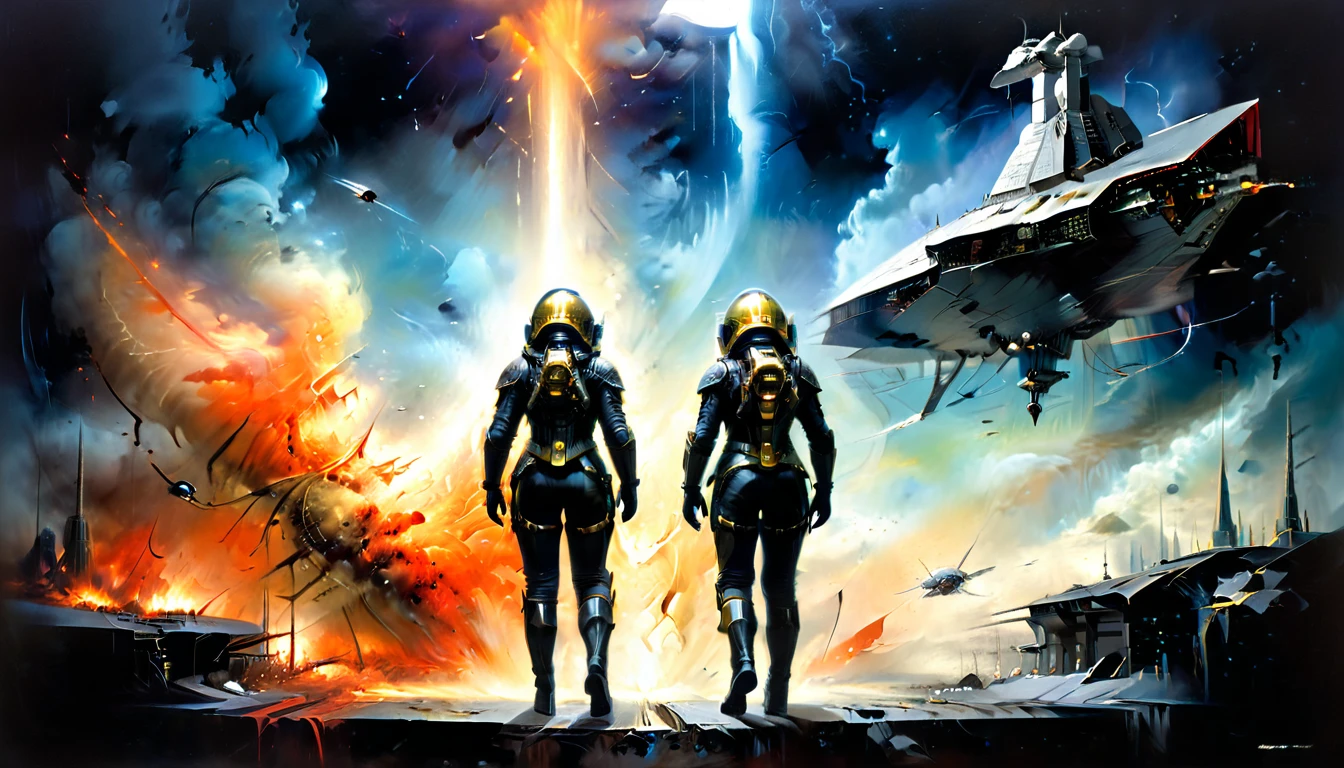 There are two female astronauts outside the International space Station. The station is orbiting an alien planet. The astronaut's costume is black and gold. A blazing galactic thunderstorm  hits the station.awful. It's scary. Dangerous. wide angle shot