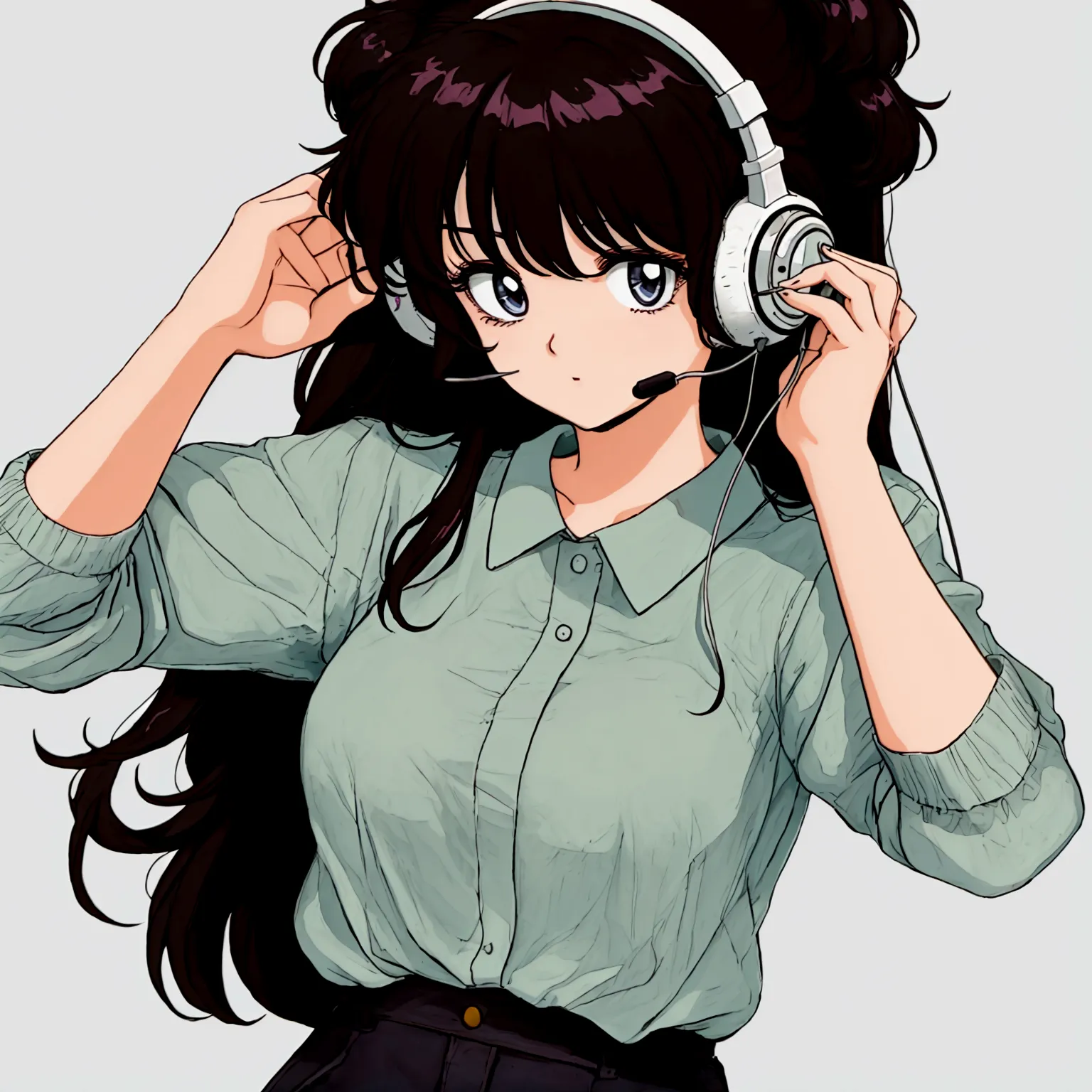 an anime girl with an expression of exhaustion and tiredness, in the 80s style using a telemarketing headset