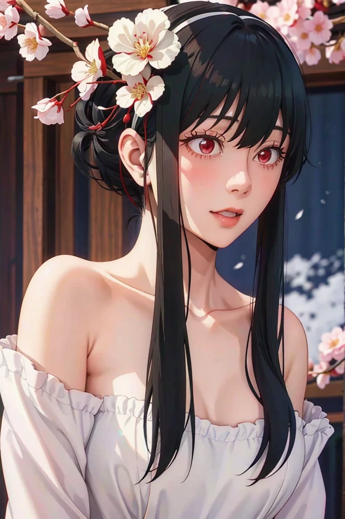 nude, Youghal, (Mature,  bangs, side lock, red eyes, black hair, hair ornaments, Popping milk 3),girl portrait, (face:1.2), Female student, 笑face,bare shoulders, black hair, Cherry Blossom), willow branches, (Masterpiece of the highest quality :1.2),  NSFW