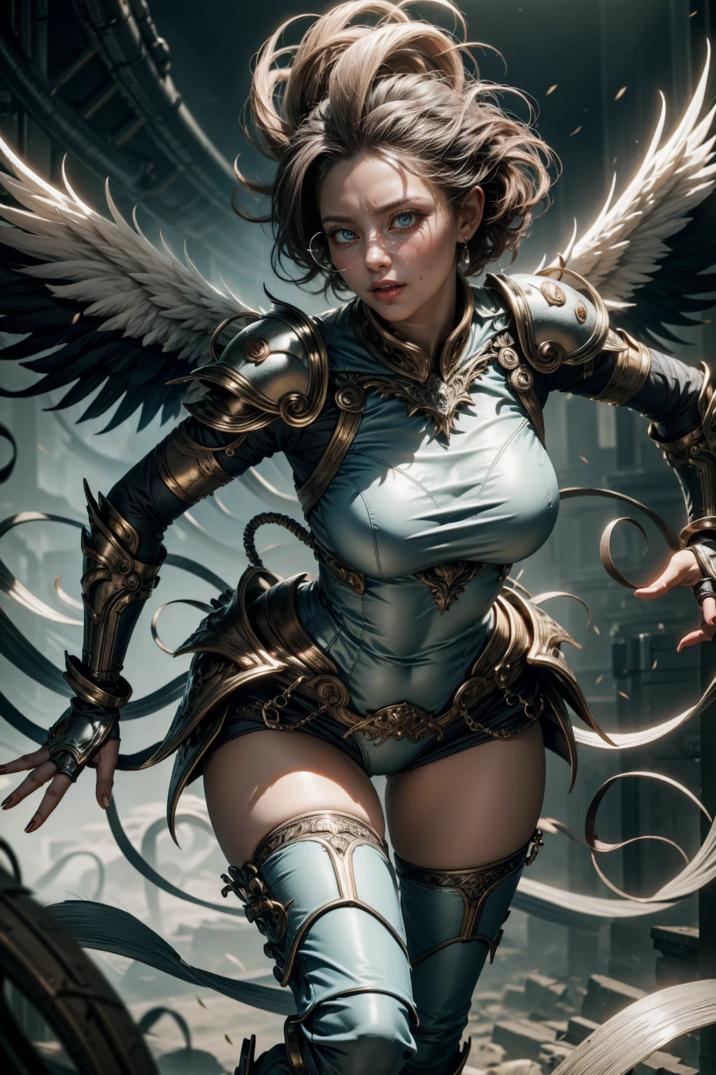 Engelhafte Frau, blaue Farbe, bläuliche Rüstung, sexy stehend mit Brille, Wildfang kurze Haare, und weißen Flügeln, Bewegungspose, Ganzkörper, Hände auf Brüsten
