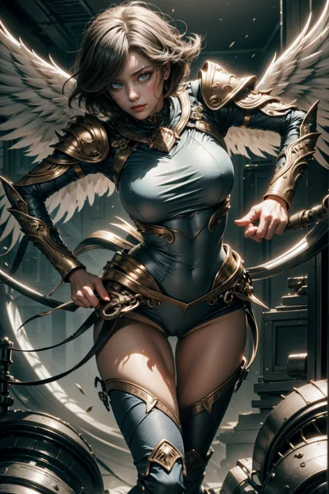 angelic woman, blue color, bluish armor, standing sexy with glasses, tomboy short hair, and white wings, movement pose, fully bo...