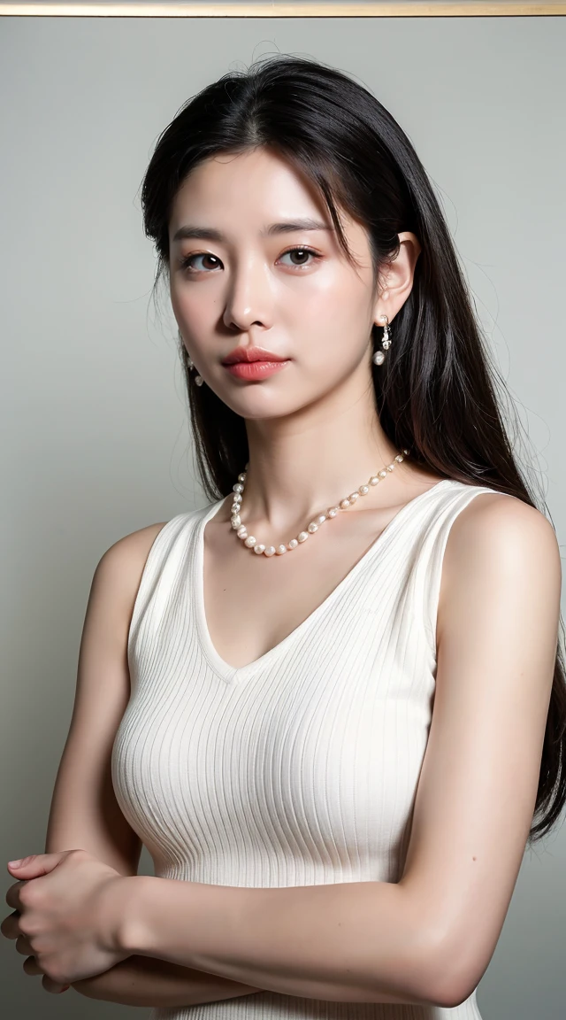 ((Highest quality, 8K, Portrait Photography: 1.3)), (Viewer Display), Photorealism,  Sharp focus, alone, beauty products,Medium Long Hair,Pearl Necklace、Pearl Earrings、 Accentuate your breasts, ((((Photograph the whole body)))),(V-neck sleeveless knit dress)，30 years old、Floral Background