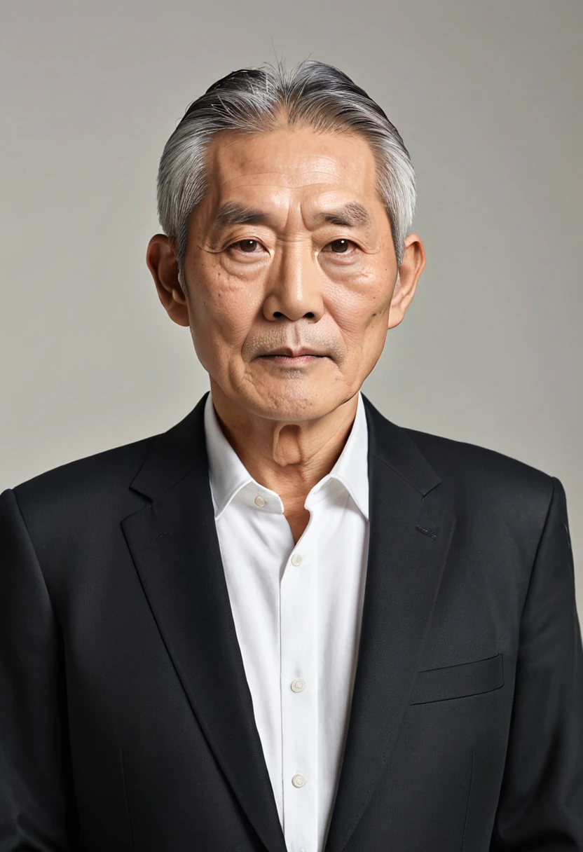 Create a realistic portrait of an older Japanese man with a calm and peaceful facial expression. He has short, clean-cut hair and is wearing a black suit jacket over a white shirt. The background should be simple and neutral so that the focus is on the man. The portrait should emphasize his wise and dignified appearance.