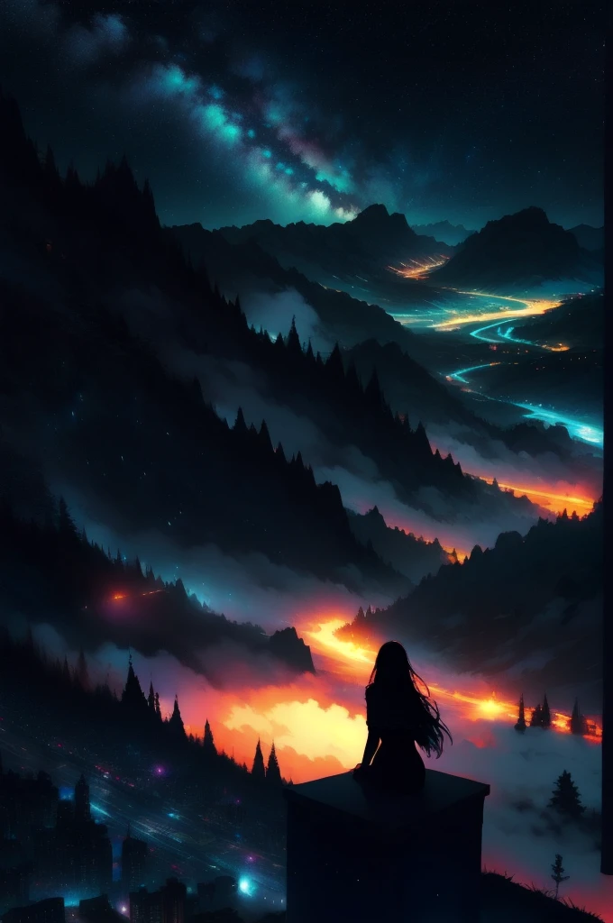 Octane, null, star (null), scenery, starry null, night, One Girl, night null, alone, Outdoor, building, cloud, milky way, Sitting, wood, Long Hair, city, silhouette, cityscape