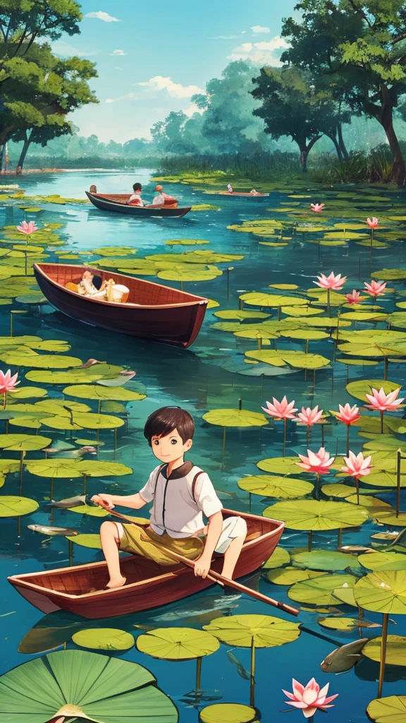 Fishes swimming in the lotus pond，The boy sitting on the boat