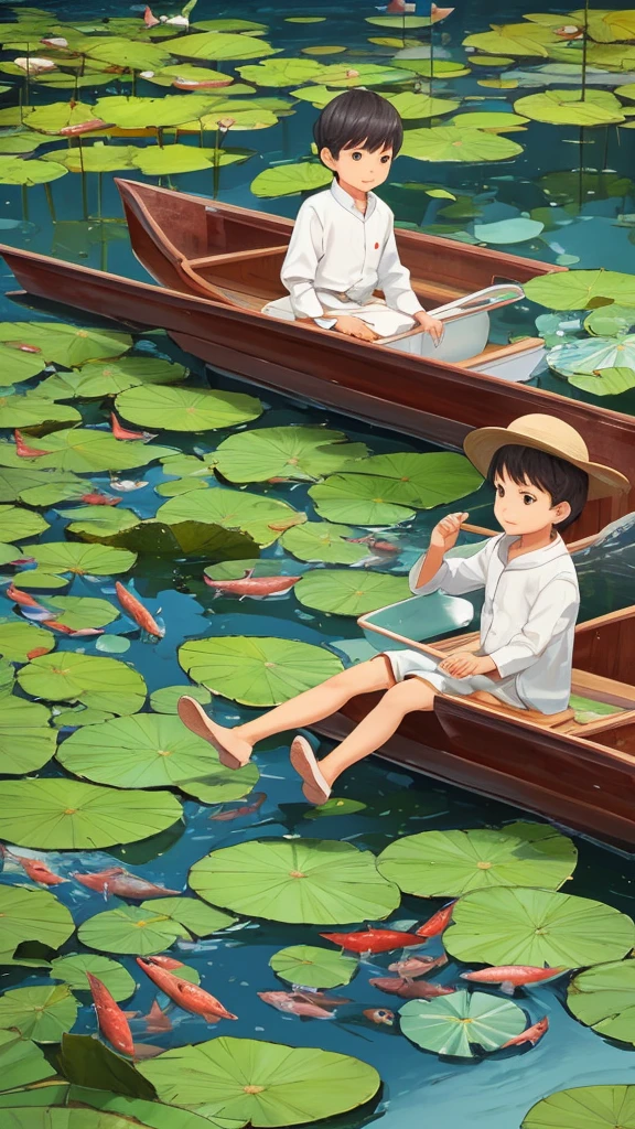 Fishes swimming in the lotus pond，The boy sitting on the boat