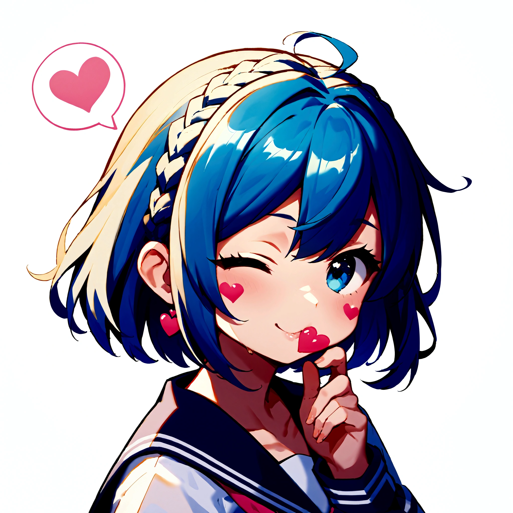 score_9, score_8_up, score_7_up, score_6_up, score_5_up, score_4_up,source_anime,rating_safe,rating_questionable,masterpiece, best quality, perfect anatomy , very aesthetic , absurdres , BREAK ,1girl,crownbraid-hair,blue and white mix hair,(close up face:1.3),short hair,white background, (big heart mark,big pink heart note,wink,blowing kiss),cute,icon-style,simple background,sailor dress,blue eyes