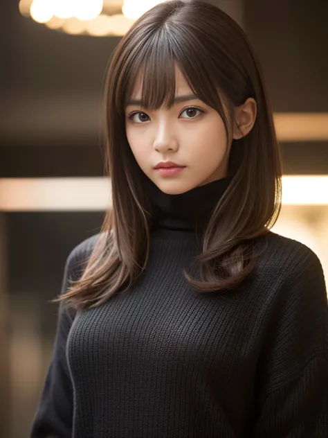 product quality, 1 girl, cowboy shot, front view, a Japanese young pretty girl, at night, wearing a black knitted turtleneck swe...
