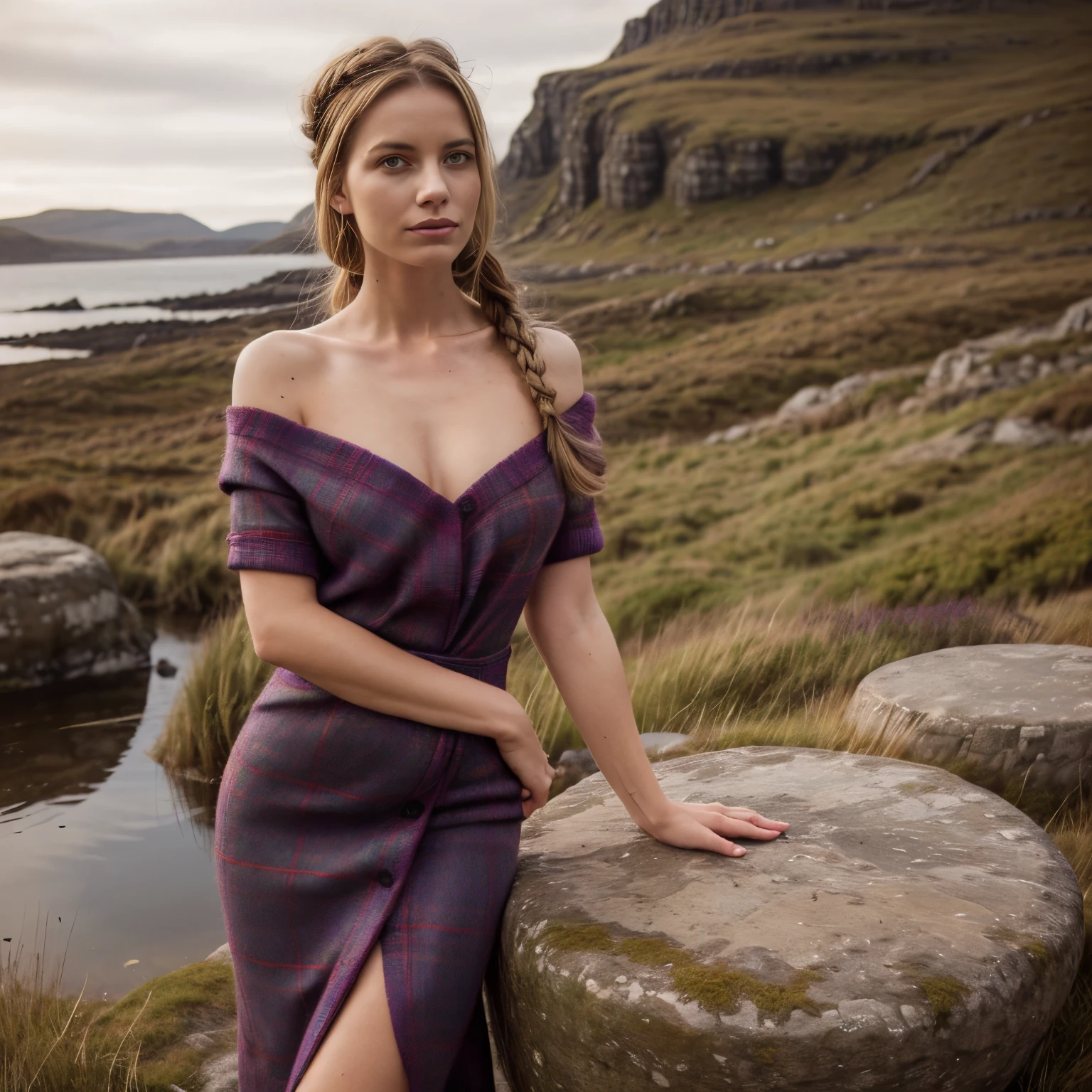 September - Outer Hebrides, Scotland
A woman named LaGermania poses for a chic calendar photoshoot on a remote island in the Outer Hebrides, Scotland during September. She stands amidst windswept moors and rugged coastlines, with ancient stone circles and pebble beaches stretching to the horizon. LaGermania wears a traditional Harris Tweed gown in hues of heather purple and seafoam green, its hand-woven wool and tartan patterns reflecting the cultural heritage of Scotland's Outer Hebrides. The Harris Tweed gown's tailored silhouette and rustic textures create a look that resonates with the rugged beauty of the Scottish islands. Her hair, styled in a braided crown adorned with thistles, adds a touch of Highland elegance to her ensemble. LaGermania's pose is contemplative yet resilient, one hand lightly resting on a weathered standing stone while the other holds a woven wicker basket filled with wild heather, its purple blooms contrasting with the verdant landscape. The scene captures the untamed beauty of the Outer Hebrides' remote islands and the enduring spirit of Celtic traditions, where each detail—from the Harris Tweed gown to LaGermania's serene expression—invites viewers to embrace the mystique of Scotland's island sanctuaries.