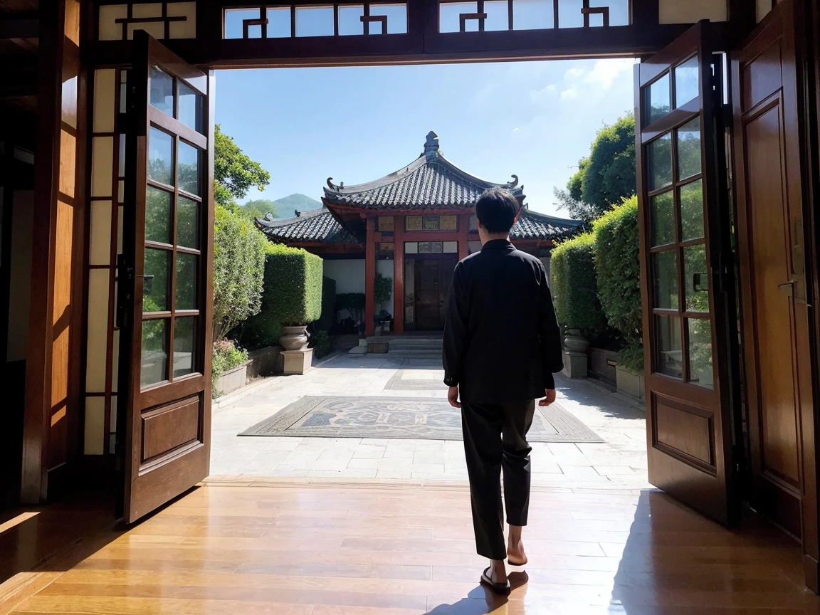 A painting of a person walking, Very exquisite Chinese classical door and plants, Mysterious Background, Layered Sky, Red and Black, Backlight, Traditional Chinese landscape style, New tradition, Oriental style, James Turrell, Plants are the history of Nagai, Fan Quang's style, Spooky reality, Crafty. I can&#39;t believe how beautiful it is. Symmetrical Configuration, large-scale, Use negative space, Look up, One-point perspective, Realistic ultra-detailed, 8K, High resolution