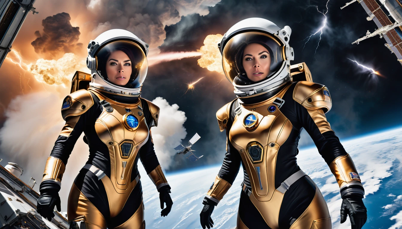 There are two female astronauts outside the International space Station. The station is orbiting an alien planet. The astronaut's costume is black and gold. A blazing galactic thunderstorm  hits the station.awful. It's scary. Dangerous. wide angle shot