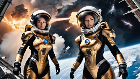 There are two female astronauts outside the International space Station. The station is orbiting an alien planet. The astronaut'...