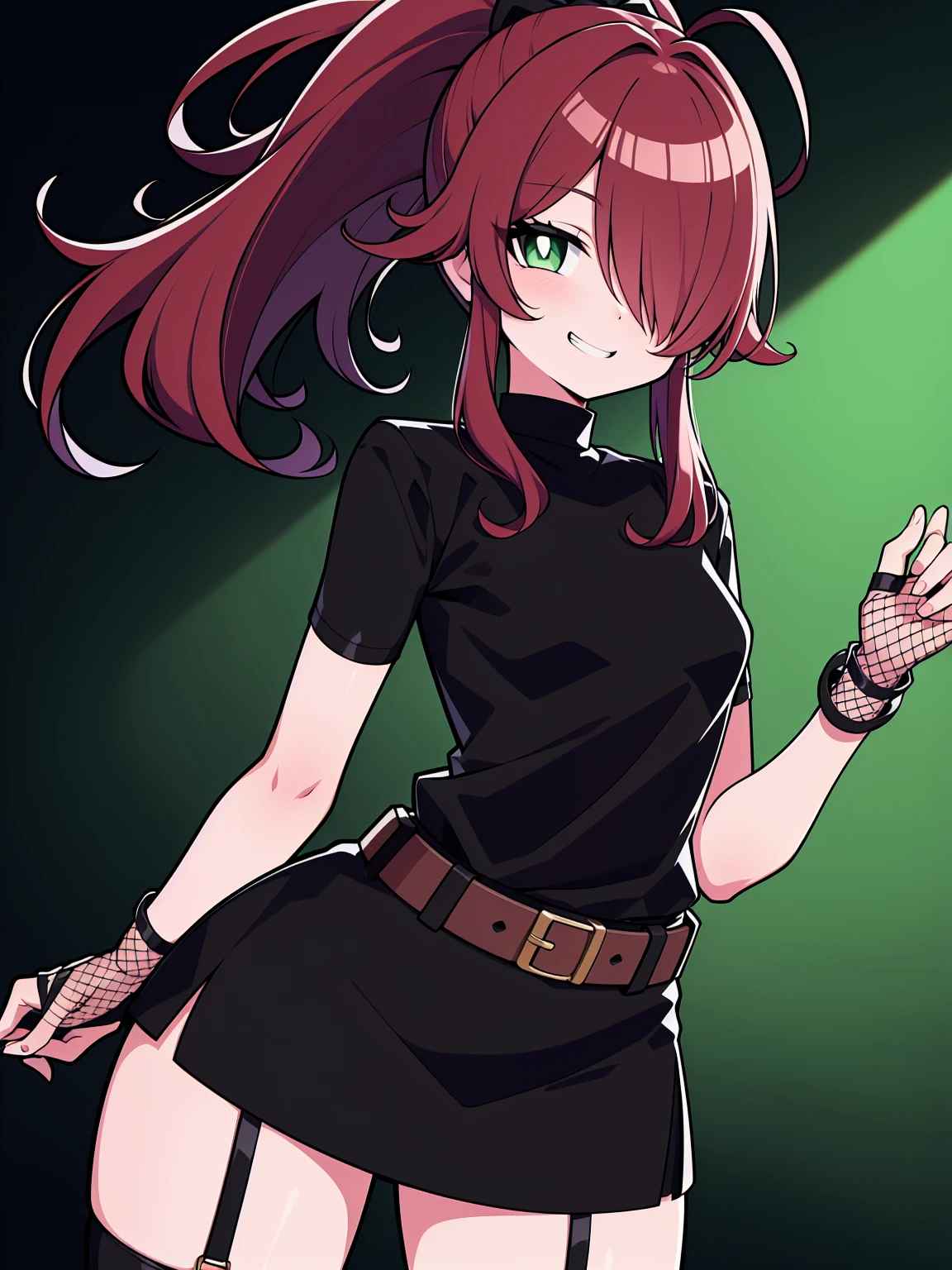 (cowboy shot), (ultra-high resolution, depth of field:1.2), 1woman, dark red hair, ponytail, green eyes, hair over one eye, small breasts, wide hips, (black shirt), mesh, belt, (skirt), fishnet stockings, chocker, grin