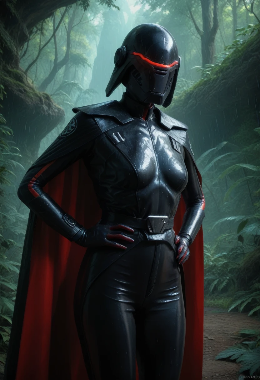 zPDXL, source_anime, BREAK Trilla, helmet with red visor, cape, armor,black gloves,tight bodysuit,black cape,black pants, BREAK close-up, solo, standing, front view, medium breasts, hands on hips, wide hips, BREAK x3dce, 3d, jungle background, dense vegetation, rain, night, night sky,
