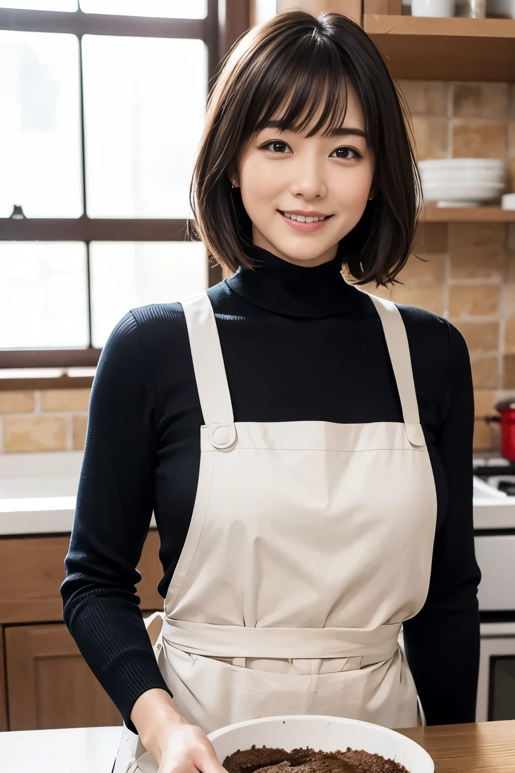 Browsing Caution:1.1、Active women, smile、Age: 40 years old, Mature Woman, Bake cookies in a sunny kitchen, Surrounded by flour, Stir the bowl,Japanese、Black long sleeve turtleneck、Huge breasts 、short hair、Black-haired、Wearing a white apron、Long bangs、Tight clothing