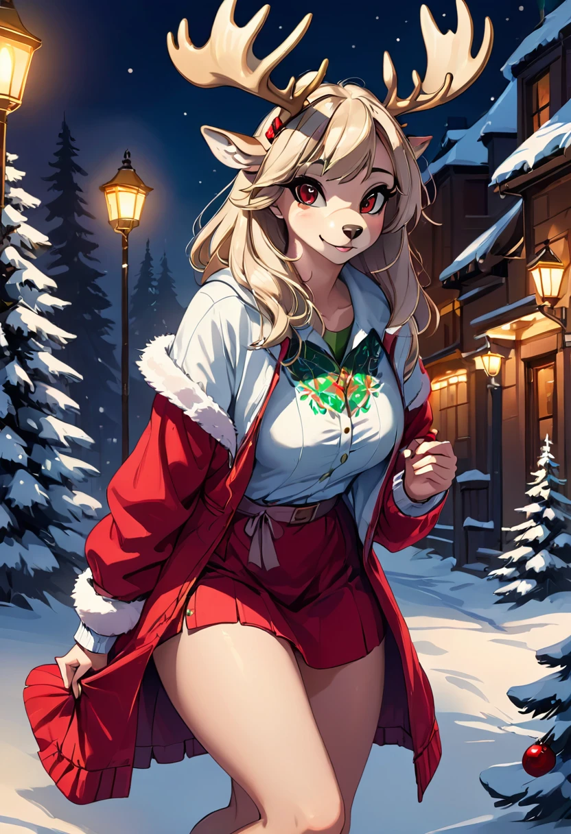 Create an illustration, Hand Painted, Full color image of an anthropomorphic moose woman. Christmas clothes dress up，Red and white Christmas clothes。Artwork should be presented in the following styles "Breath of the Wild," With warm lighting and shadows. Graphite Shader Included, Template Tags, And airbrush acrylic paint effect. Images should be of the highest quality, A masterpiece of exquisite detail. Deer woman should have a female, Humanoid, Furry appearance，Gold Skin. She should have full lips, A bright smile, Bright, Expressive eyes, Exudes beauty, cute, 和cute. Ensure high-resolution images with sharp details, With detailed and vivid background. Add mysterious lights in the background, Create a romantic and charming atmosphere.
