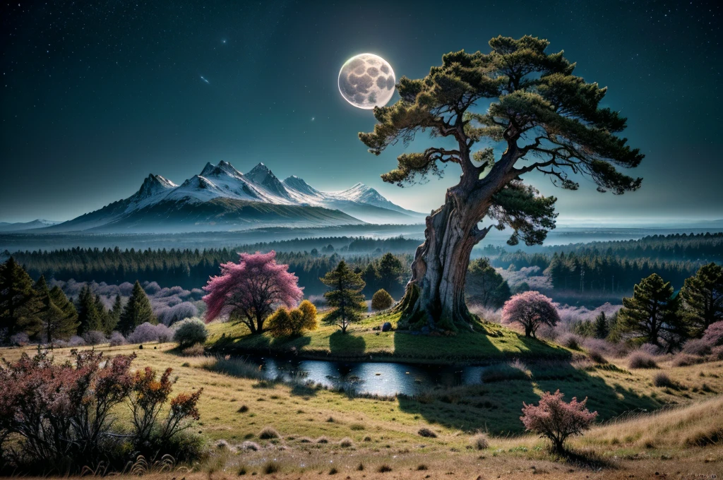 (Los paisajes circundantes son épicos y grandiosos.).., filmado en ultra alta definición (16k HD) resaltar detalles complejos, (Fotorrealista,ultra realista, mejor calidad), parecido a una obra maestra de la fotografía profesional, (una vista fascinante), (increíble), (inexplicable), en un entorno surrealista, (Un árbol), (árbol muy extraño), (árbol asombroso), (parece fuera de este mundo), (la luna llena ilumina), La composición tiene una anatomía ideal...., Tomada desde un ángulo dinámico para mejorar el impacto visual.. Una iluminación espectacular acentúa la escena., (foto ultra detallada, hdr, HD, 16k), (paisaje ultra detallado), (fotografía escénica profesional, foto cruda), combinación de colores brillantes,ANILLO, isley
