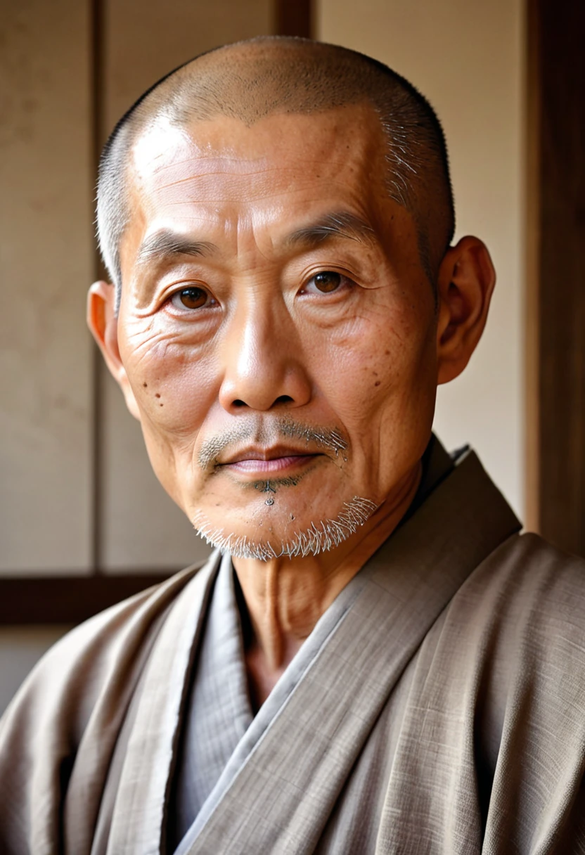 Create a realistic portrait of an older Japanese man with a calm and serene expression。Monk、The background should be simple and neutral.、Keep the focus on the man。Portrait、His wise and dignified appearance should be emphasized.。