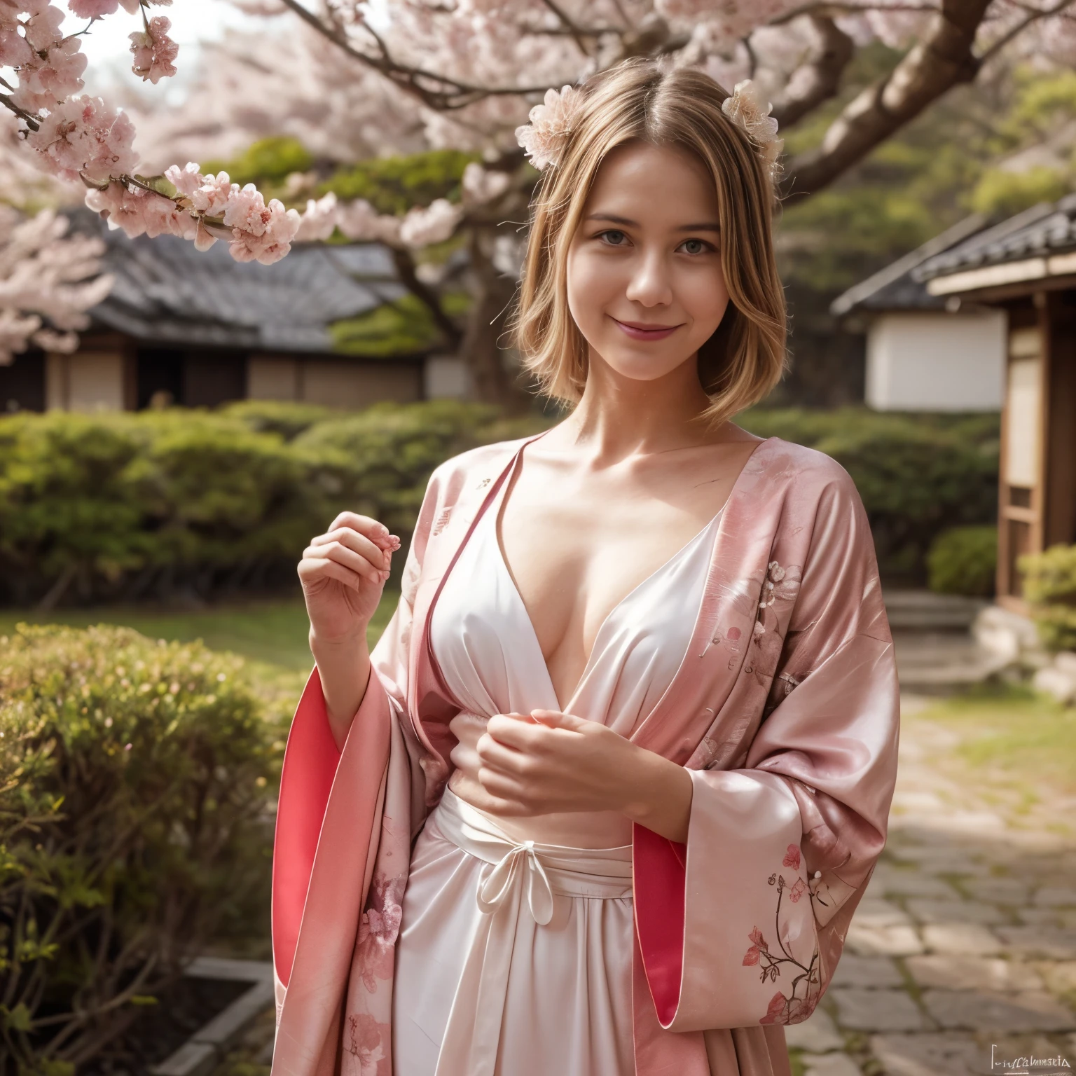 Febrero - Amor y romance En la escena del calendario de febrero, LaGermania posa en medio de un floreciente jardín de cerezos en Kioto, Japón. Lleva un kimono de seda en tonos rosa ruborizado y blanco flor de cerezo., its delicate floral patterns and silk sash tied in an intricate bow embodying traditional Japónese craftsmanship. El cabello rubio de LaGermania está adornado con horquillas de flores de cerezo., Añadiendo un toque de encanto estacional a su apariencia.. Su expresión es feliz y curiosa., Con una sonrisa sutil pero seductora que insinúa la belleza fugaz de los cerezos en flor.. El fondo presenta pagodas antiguas y linternas de piedra cubiertas de musgo., con pétalos flotando en la suave brisa. The kimono's smooth silk texture and the intricate embroidery reflect the elegance of Japónese culture against the backdrop of spring renewal. La postura de LaGermania es elegante pero divertida., Una mano sostiene suavemente una sombrilla de papel mientras la otra ajusta la manga de su kimono., Sus intrincados pliegues atrapan la luz del sol.. La escena captura la esencia del amor y el romance en medio de la efímera belleza de los cerezos en flor de Kioto..