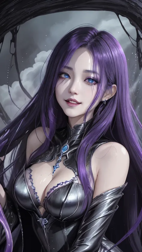 強力なスーパーevil女がクローズアップでポーズをとる, Black Goddess (Bare shoulders), length, Flowing purple hair, View your audience, Highly detailed fa...