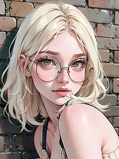 dynamic close-up of the upper part of 1 Russian Woman with freckles, extremely albino, extremely thin and beautiful, perfect body, well-shaped face, skin with highly detailed depth, she is Leaning against a brick wall, (haircut, wavy hair and blondes), (detailed, large, bright eyes, light brown eyes, curled eyelashes, large glasses), (sensuously pouting with mouth), wearing a short sweater showing off the shoulders, ultra realistic, vibrant and pointed image, dynamic vision, high quality 32k, hyper-realistic, cinematic.