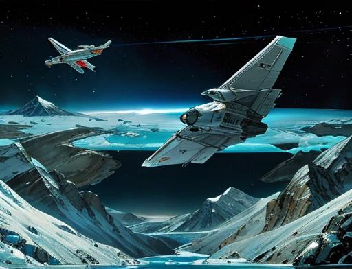  Динамическая фотография. Космический корабль летит низко над ледяными горами 