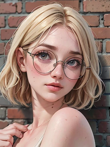 dynamic close-up of the upper part of 1 Russian Woman with freckles, extremely albino, extremely thin and beautiful, perfect body, well-shaped face, skin with highly detailed depth, she is Leaning against a brick wall, (haircut, wavy hair and blondes), (detailed, large, bright eyes, light brown eyes, curled eyelashes, large glasses), (sensuously pouting with mouth), wearing a short sweater showing off the shoulders, ultra realistic, vibrant and pointed image, dynamic vision, high quality 32k, hyper-realistic, cinematic.