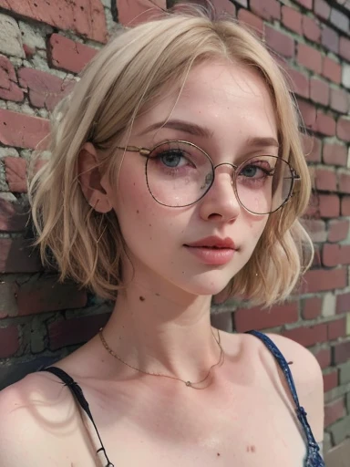 dynamic close-up of the upper part of 1 Russian Woman with freckles, extremely albino, extremely thin and beautiful, perfect body, well-shaped face, skin with highly detailed depth, she is Leaning against a brick wall, (haircut, wavy hair and blondes), (detailed, large, bright eyes, light brown eyes, curled eyelashes, large glasses), (sensuously pouting with mouth), wearing a short sweater showing off the shoulders, ultra realistic, vibrant and pointed image, dynamic vision, high quality 32k, hyper-realistic, cinematic.