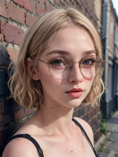 dynamic close-up of the upper part of 1 Russian Woman with freckles, extremely albino, extremely thin and beautiful, perfect body, well-shaped face, skin with highly detailed depth, she is Leaning against a brick wall, (haircut, wavy hair and blondes), (detailed, large, bright eyes, light brown eyes, curled eyelashes, large glasses), (sensuously pouting with mouth), wearing a short sweater showing off the shoulders, ultra realistic, vibrant and pointed image, dynamic vision, high quality 32k, hyper-realistic, cinematic.