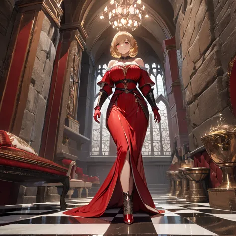 a woman wearing a sophisticated red dress, exposed shoulders, big breasts, blonde hair, short hair, red eyes, red gloves, red he...