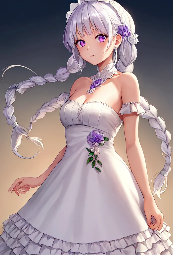 1 girl,high resolution,  high quality,  masterpiece, mxmkwhitedress,  bare shoulder, purple eyes, white dress, braid