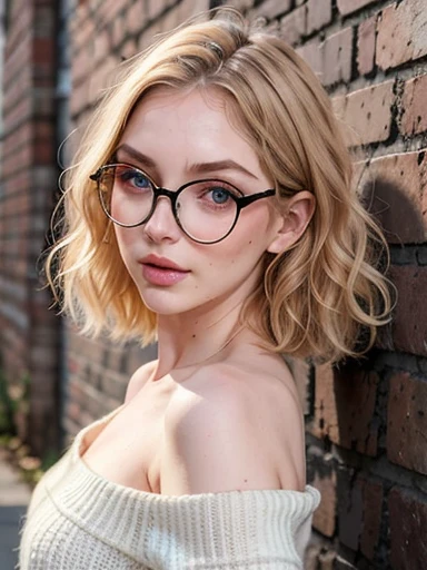 dynamic close-up of the upper part of 1 Russian Woman with freckles, extremely albino, extremely thin and beautiful, perfect body, well-shaped face, skin with highly detailed depth, she is Leaning against a brick wall, (haircut, wavy hair and blondes), (detailed, large, bright eyes, light brown eyes, curled eyelashes, large glasses), (sensuously pouting with mouth), wearing a short sweater showing off the shoulders, ultra realistic, vibrant and pointed image, dynamic vision, high quality 32k, hyper-realistic, cinematic.