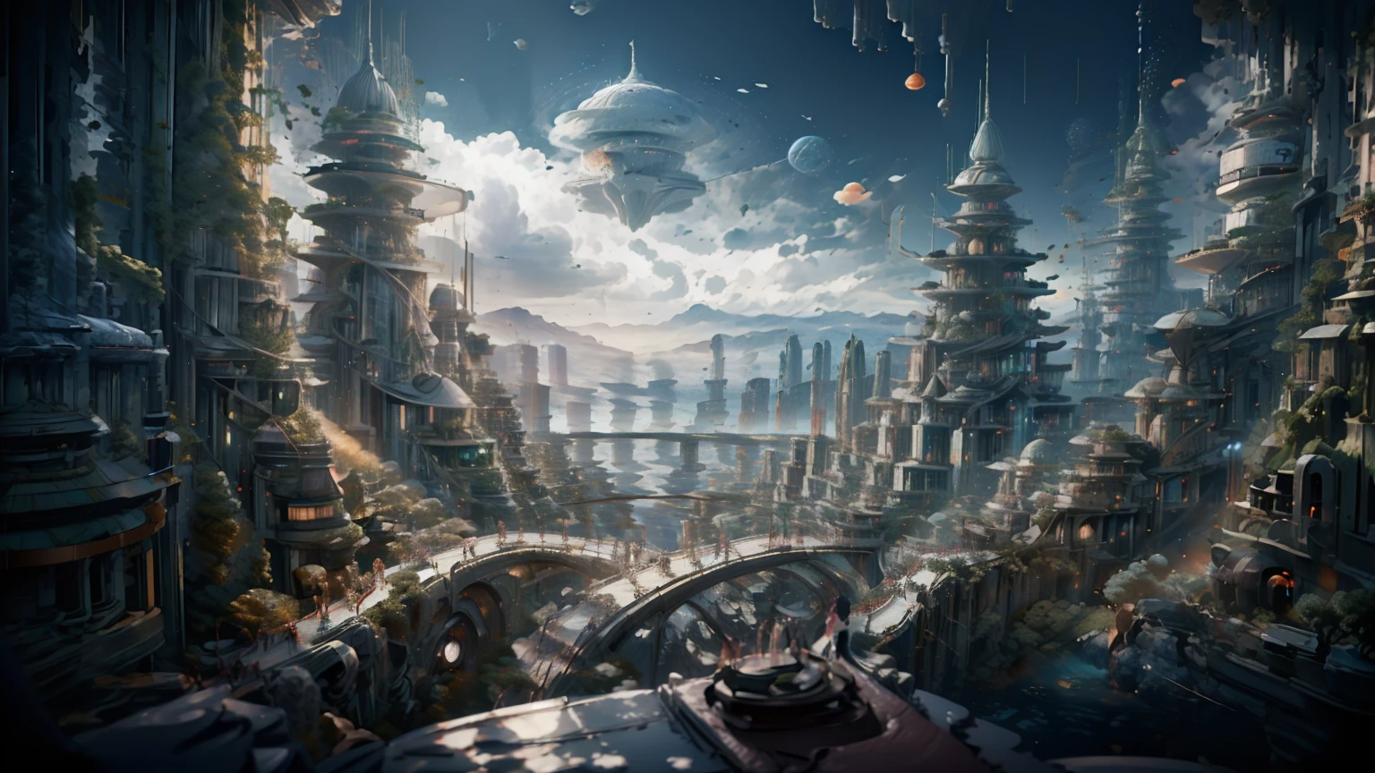 (Best quality,4K,8K,A high resolution,Masterpiece:1.2),Ultra-detailed,(Realistic,Photorealistic,photo-realistic:1.37),Futuristic floating city,Futuristic technology,Huge urban high-tech tablet platform,Airship,Floating in the sky,Futuristic city,Small airships around,High-tech hemispherical platform,Colorful lights,Advanced architecture,modernn architecture,skyscrapper,Access the cloud,Scenic beauty,view over city,Impressive design,Blend seamlessly with nature,energetic and vibrant atmosphere,Futuristic transportation system,Parking is suspended,Transparent path,Lush greenery,Sky gardens,cascading waterfalls,Magnificent skyline,reflections on the water,Sparkling river,Architectural innovation,futuristic skyscrapers,Transparent dome,The shape of the building is unusual,Elevated walkway,Impressive skyline,Glowing lights,Futuristic technology,Minimalist design,Scenic spots,Panoramic view,Cloud Piercing Tower,Vibrant colors,epic sunrise,epic sunset,Dazzling light display,magical ambiance,The future city,Urban Utopia,LuxuryLifestyle,Innovative energy,sustainable development,Smart city technology,Advanced infrastructure,Tranquil atmosphere,Nature and technology live in harmony,Awesome cityscape,Unprecedented urban planning,Architecture connects seamlessly with nature,High-tech metropolis,A cutting-edge engineering marvel,The future of urban living,Visionary architectural concept,Energy-efficient buildings,Harmony with the environment,A city floating above the clouds,Utopian dreams become reality,The possibilities are endless,State-of-the-art transportation network,Green energy integration,Innovative materials,Impressive holographic display,Advanced communication system,Breathtaking aerial view,Quiet and peaceful environment,Modernist aesthetics,Ethereal beauty