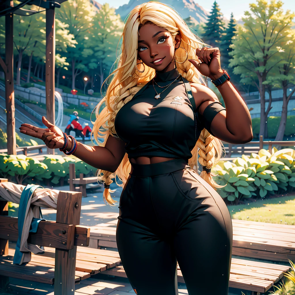 Subject: A beautiful African American woman with a confident and flirty demeanor * The woman has medium complexion skin with a warm undertone. * She has a curvy figure with a small waist, big breasts, thick hips, and large buttocks. * Her hair is long and voluminous, styled in black and blonde mixed braids. * Her expression is self-assured and playful, with a hint of a flirtatious smile. Location:** Hiking trail overlooking a mountain vista Idea: Capture the feeling of accomplishment and enjoying the view after a hike. Attire:** Wear sporty yet stylish clothes like comfortable hiking boots, leggings, and a moisture-wicking athletic top. Pose: Stand tall with legs shoulder-width apart, arms raised in a victory pose, looking out at the view with a smile of satisfaction.
