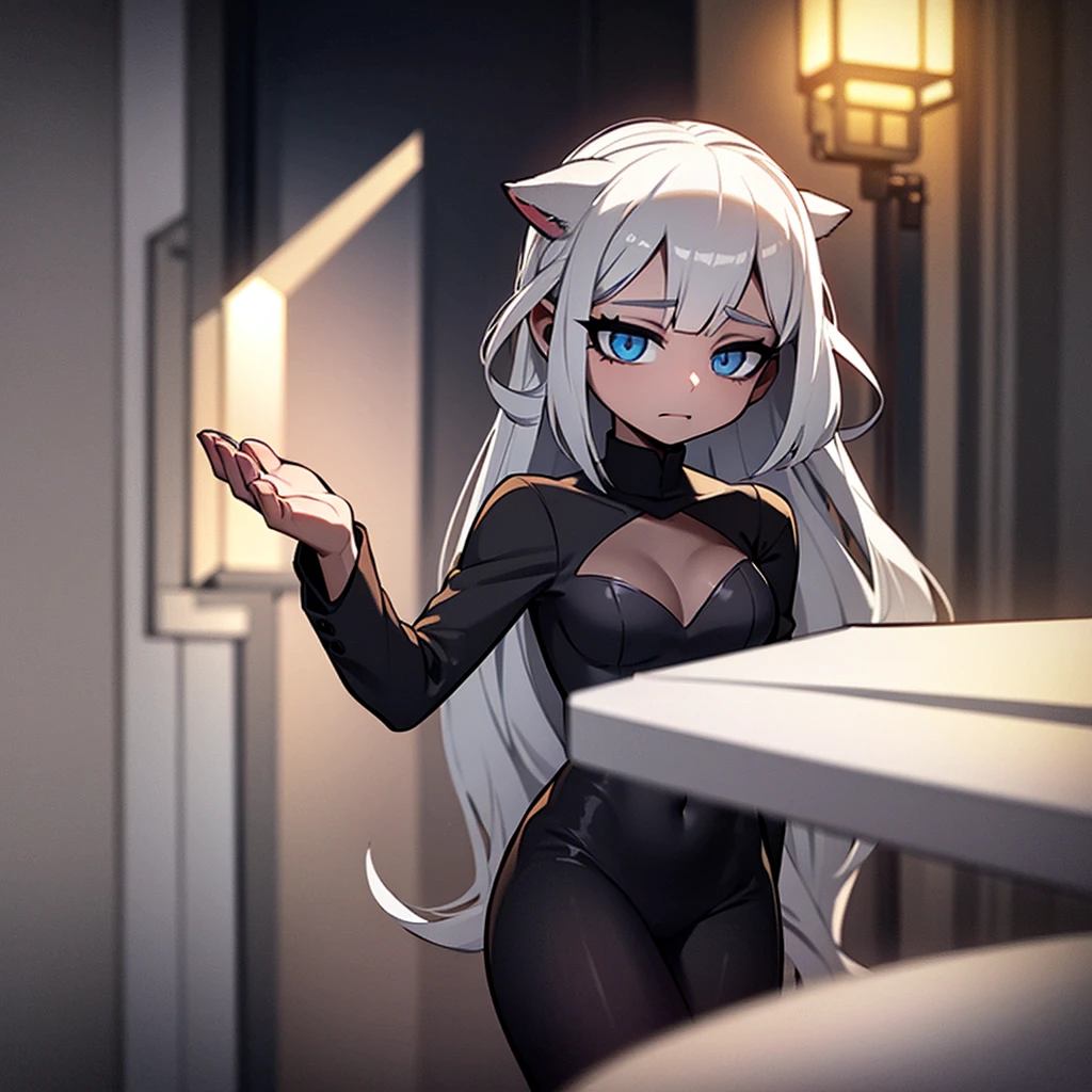 silver hair, dog ears, white dress,wavy hair,delicate features quiet gaze,beautiful half body illustration,beautiful backgraund,atmospheric lighting,sharp focus,vlumetric lighting,cute face,reduce saturation,fine detailed face,small nose and mouth,volumetric top lighting,bold line painting, soft shadow,((masterpiece, best quality)), (1girl), (solo), (female focus),small breasts,flat ,Lolita,short height,skinny girl,blue eyes,open legs,animal ears,
