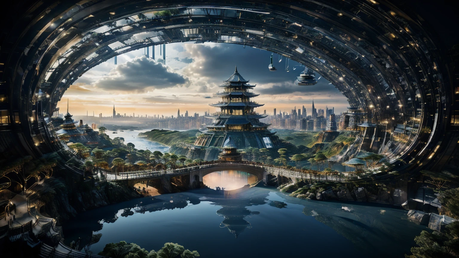 (Best quality,4K,8K,A high resolution,Masterpiece:1.2),Ultra-detailed,(Realistic,Photorealistic,photo-realistic:1.37),Futuristic floating city,Futuristic technology,Huge urban high-tech tablet platform,Airship,Floating in the sky,Futuristic city,Small airships around,High-tech hemispherical platform,Colorful lights,Advanced architecture,modernn architecture,skyscrapper,Access the cloud,Scenic beauty,view over city,Impressive design,Blend seamlessly with nature,energetic and vibrant atmosphere,Futuristic transportation system,Parking is suspended,Transparent path,Lush greenery,Sky gardens,cascading waterfalls,Magnificent skyline,reflections on the water,Sparkling river,Architectural innovation,futuristic skyscrapers,Transparent dome,The shape of the building is unusual,Elevated walkway,Impressive skyline,Glowing lights,Futuristic technology,Minimalist design,Scenic spots,Panoramic view,Cloud Piercing Tower,Vibrant colors,epic sunrise,epic sunset,Dazzling light display,magical ambiance,The future city,Urban Utopia,LuxuryLifestyle,Innovative energy,sustainable development,Smart city technology,Advanced infrastructure,Tranquil atmosphere,Nature and technology live in harmony,Awesome cityscape,Unprecedented urban planning,Architecture connects seamlessly with nature,High-tech metropolis,A cutting-edge engineering marvel,The future of urban living,Visionary architectural concept,Energy-efficient buildings,Harmony with the environment,A city floating above the clouds,Utopian dreams become reality,The possibilities are endless,State-of-the-art transportation network,Green energy integration,Innovative materials,Impressive holographic display,Advanced communication system,Breathtaking aerial view,Quiet and peaceful environment,Modernist aesthetics,Ethereal beauty