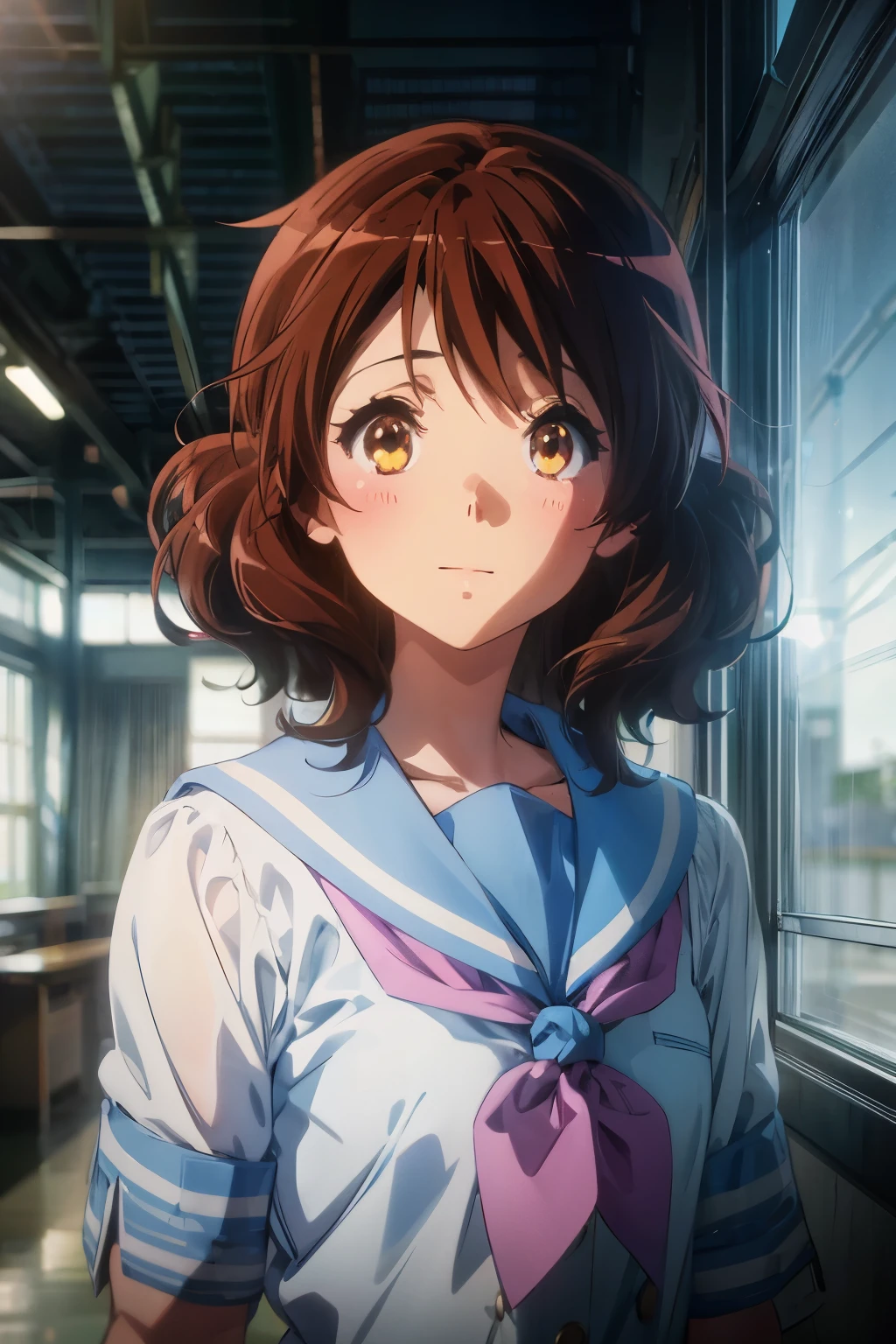 (Best image quality, 8K, high quality, High detail,masterpiece:1.2)、kumiko oumae,summer uniform,Eye Light、Face Light、Sparkling Eyes、solo、1 girl、Look at the viewer、sketch、Flat Color、、anime、animeカラーリング、(In a school classroom:1.3)、Kumiko Oumae,Kitauji High School Uniform、Sailor suit、Blue sailor collar、Pink neckerchief、smile、Random pose、(Blur the background:1.3)、Upper Body、Cover your subject all over