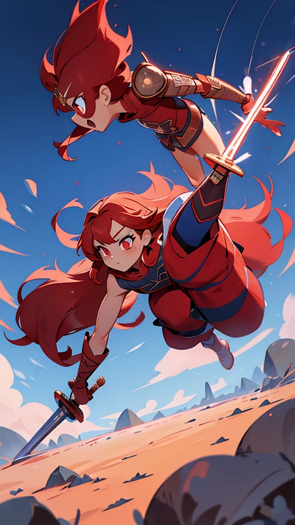  A sexy girl honest warrior bright red hair long straight hair her light red eye she wears silver armor covered in a blue metal skirt brown boot long power she throws flexible sword invisibility