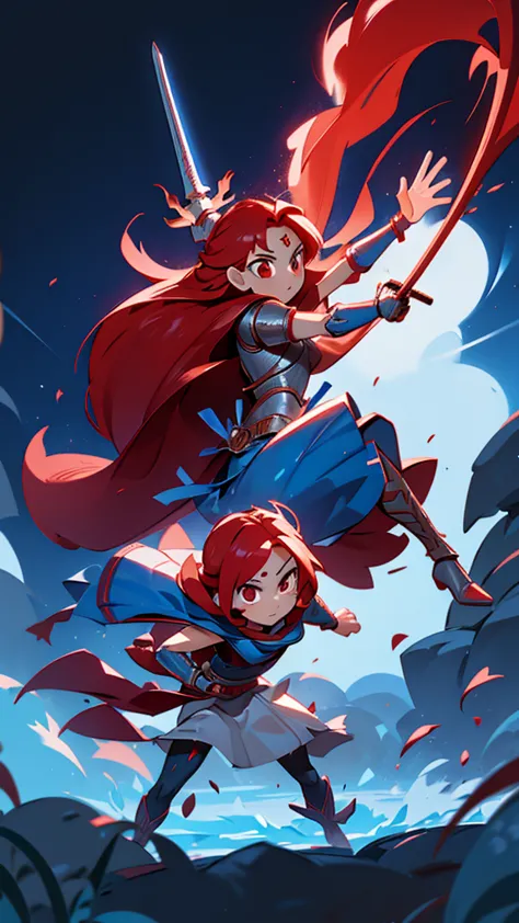 a sexy girl honest warrior bright red hair long straight hair her light red eye she wears silver armor covered in a blue metal s...