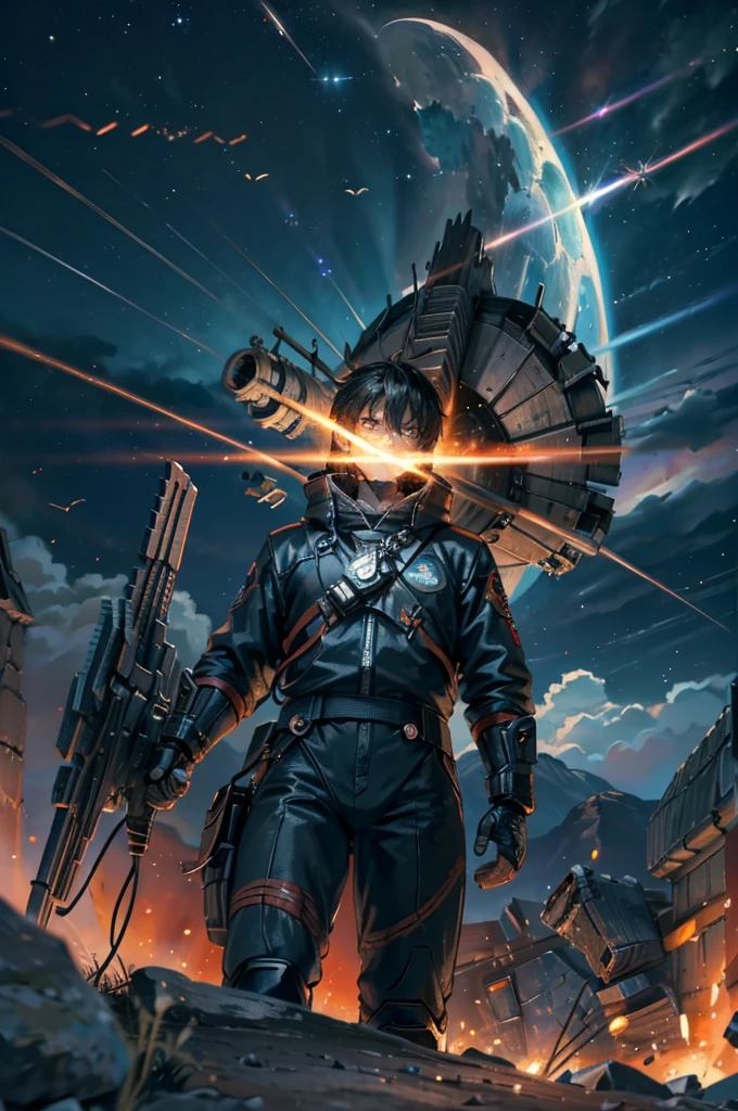 (((best quality))),(((ultra detailed))),(((masterpiece))),illustration,space battle,futuristic spacecrafts,sleek design,powerful cannon,determined pilots,battered ship,erratic weapon fire,dark background,flashes of weapons fire,engine trails,intense battle,hypnotic effect,survival stakes,excitement,tension,human ingenuity,exploration risks,sacrifices,raw power,indomitable spirit,unknown frontier