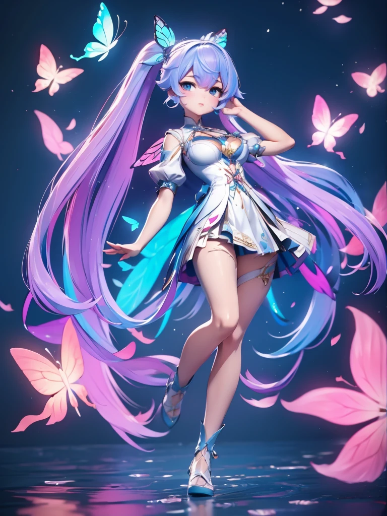 Seizo Watase style, Simple Line Initialism，Abstract art, 3d character, colorful hearts ,(((The most beautiful girl of all time))),  (full body 1.2), only girl,very long hair, bufferfly and sky background, 25 year old, full body, (((8k))), (((3d)), blue and pink hair, Large butterfly wings on the back, moon,one hand raised above, hair divided on half