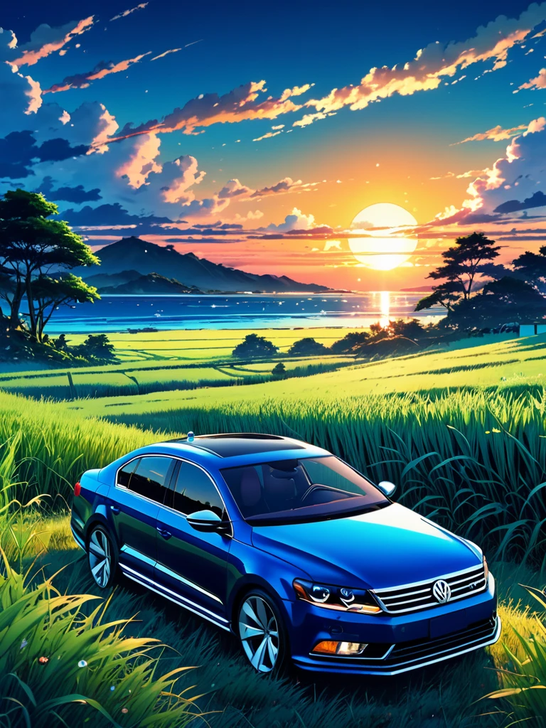 Anime-Landschaft eines perlmuttfarbenen, superdunklen, meerblauen klassischen Volkswagen Passat CC Sport, der auf einem Feld mit hohem Gras steht, im Hintergrund ein Sonnenuntergang.schöne Anime-Szene, Schöne Anime-Friedensszene, Makoto Shinkai Cyril Rolando, schöne Anime-Szene, tolle Tapete, Anime-Kunst-Hintergrundbild 8k, Anime-Hintergrund, artistic Anime-Hintergrund, Anime-Hintergrundbild 4k, Anime Art 4K Hintergrundbild, Anime-Hintergrundbild 4k,