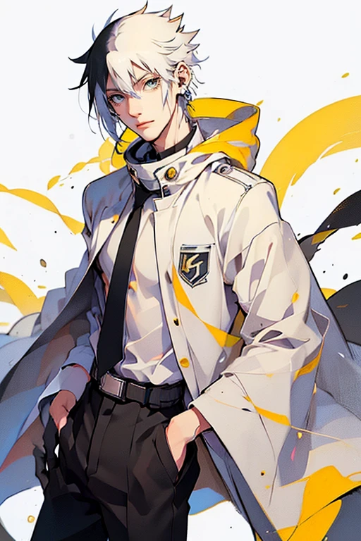 1 male (tall man, slim, manly, dominate,  half black colored-hair, half white colored- hair, yellow eyes, tough, wearing a sci-fi space outfit, has 1 earring.) best quality, ultra-detailed, illustration, complex, detailed, extremely detailed, detailed face, soft light, soft focus, perfect face, illustration: Full Body