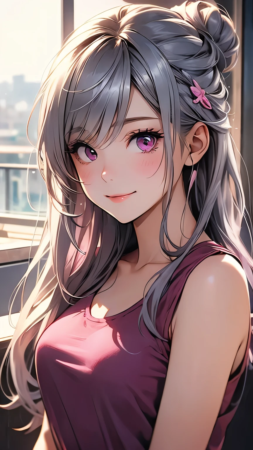 １girl、ultra long silver hair tied in a bun with a hair clip, Pink Eyes、smile、really like、Pink tank top、hot pants、Upper body close-up、Morning Cafe Terrace、Background blur, Written boundary depth